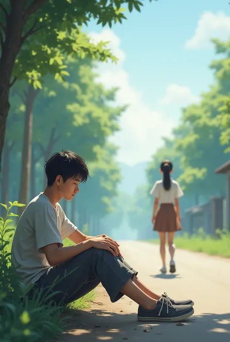 20 years old Boy sitting on the road and 20 years girl walking 