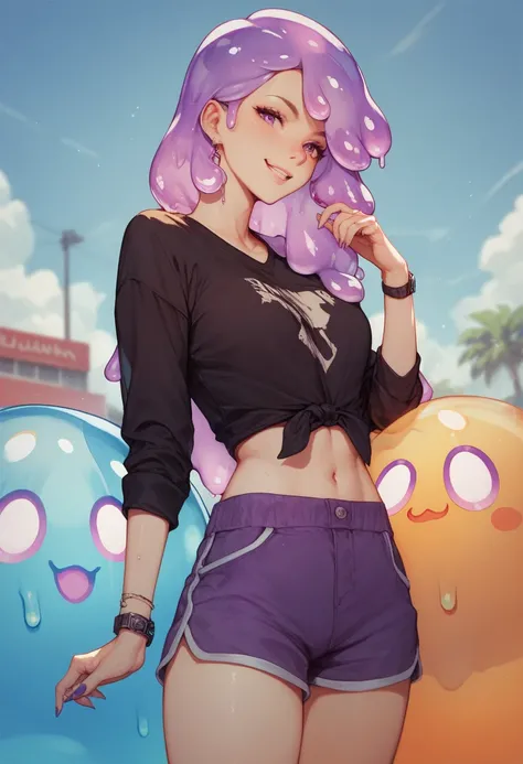 slime girl with shirt hair, purple shorts and dark shirt