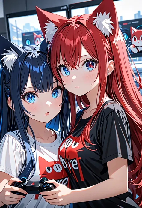 8K Ultra High-Quality, ultra-detailed, High quality, two girls, girl 1, blue dark long hair, blue eyes, cat ears, girl 2, red long hair, red eyes, cat ears, t shirt, short, holding game controller, close up, office background