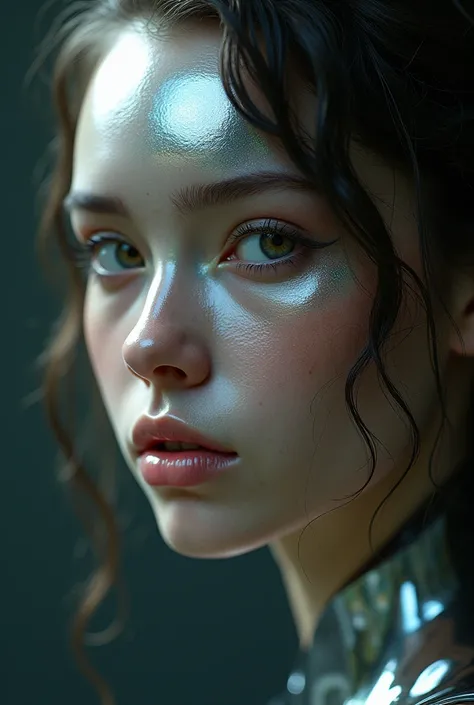 A mesmerizing close-up portrait of a womans face, featuring a unique dichotomy. The left side is a sleek, liquid metal machinery, dripping and flowing dynamically as if it were a living entity. The metallic fluid glimmers and reflects, creating an illusion...