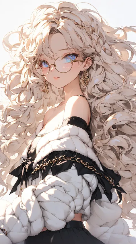  soft light 、Cool Beauty, short, slightly tousled, wavy hair with a golden sheen and silk, Passionate and lascivious expression,  charming eyes, long lashes、 Glasses,  best proportions, Black wide open shoulderless crop top 、 oversized fluffy girly sweater...