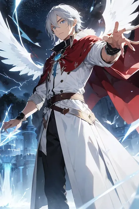 magician.  a young man with long gray hair and bright blue eyes, which shine. a young man with long gray hair and bright blue eyes hovers above the ground on large white angel wings . dressed in a red cloak . , lightning breaks off one hand . a green ray ....