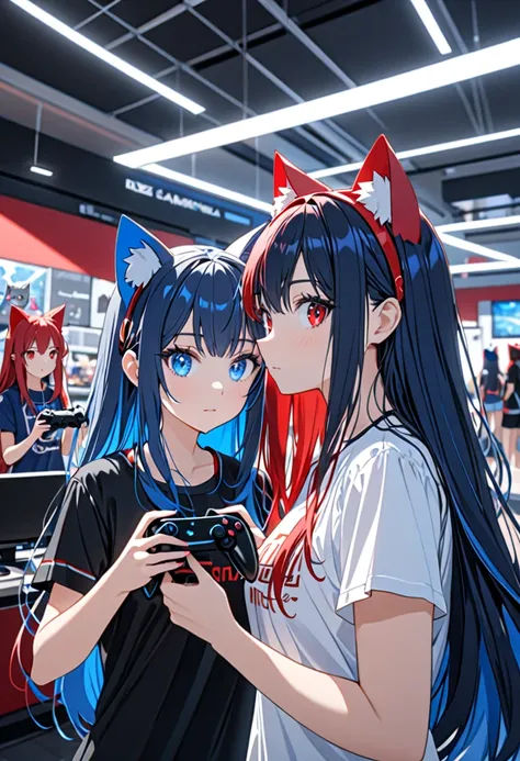 8K Ultra High-Quality, ultra-detailed, High quality, two girls, two girls distanced, girl 1, blue dark long hair, blue eyes, cat ears, girl 2, red long hair, red eyes, cat ears, t shirt, short, holding two game controller, close up, office background