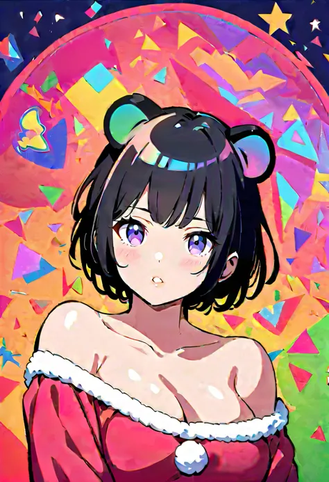 {worst quality, low-quality}, Anime artwork depicting a girls face within a vivid and abstract collage of colors and patterns. ((Bear-eared chemomimi girl:1.4)), (((Black short hair:1.3))), plump shiny lips, (beautiful purple eyes), ((cute santa costume:1....