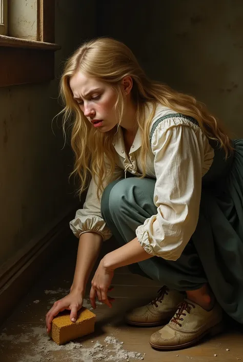 A 20-year-old girl with blonde hair , beautiful face , Slim and slender figure, wearing worn and dirty 18th century clothes is crouching down cleaning the floor with a wooden fence and a sponge, with an angry expression on her face , full body image with r...