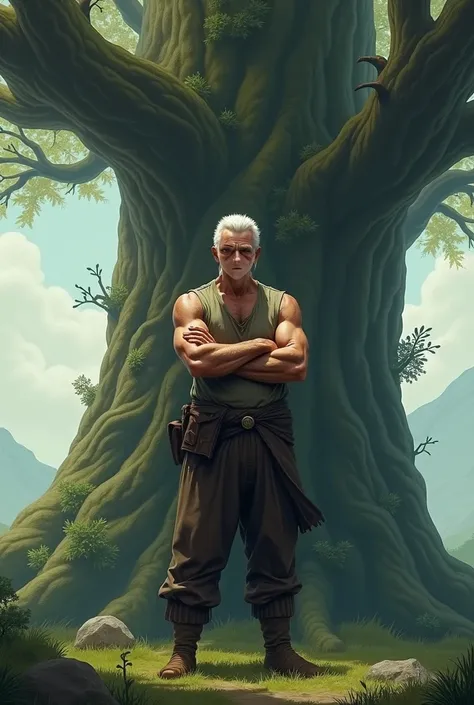 A white-haired guy is standing by a tree with his arms crossed over his chest