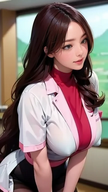  There is a nurse in the hospital wearing a nurses uniform  、  black stockings with big breasts covered in a dark prison 、 long hair、  Thin Waist 、  Big Chest in a Temple 、 smiles gently