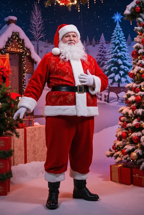  A   standing in a Santa Claus costume, with the Christmas theme background .