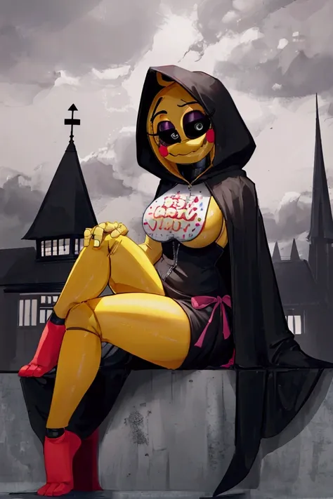 Chica from Five Nights at Freddys wearing a long black cloak, hood covering her head, sitting on a building in a mysterious and eerie atmosphere. Big breasts blushing zipper half sexy legs 