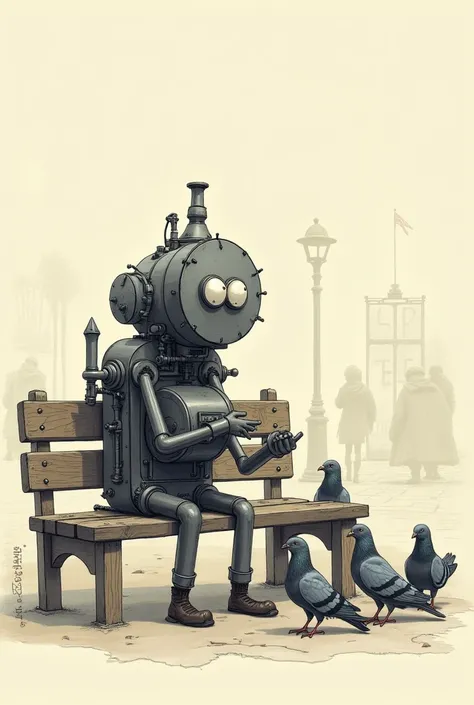 Schematic drawing of a sad and tired engine sitting on a bench feeding the pigeons