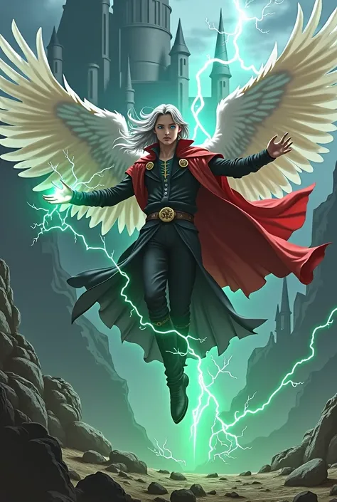 magician.  a young man with long gray hair and bright blue eyes, which shine.  hovers above the ground on white angel wings . dressed in a red cloak . , lightning breaks off one hand . a green ray .  radiates from his right hand outside the walls of a larg...