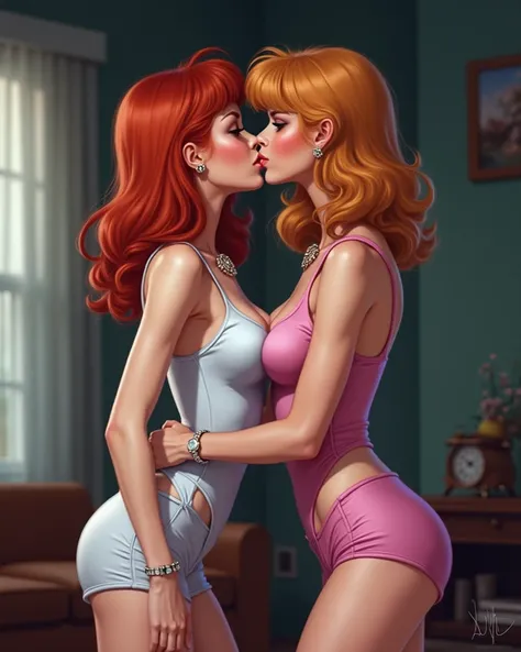 Velma Dinkley e Daphne Blake, realistic, sexy short clothes ,  photograph caressing and kissing.
