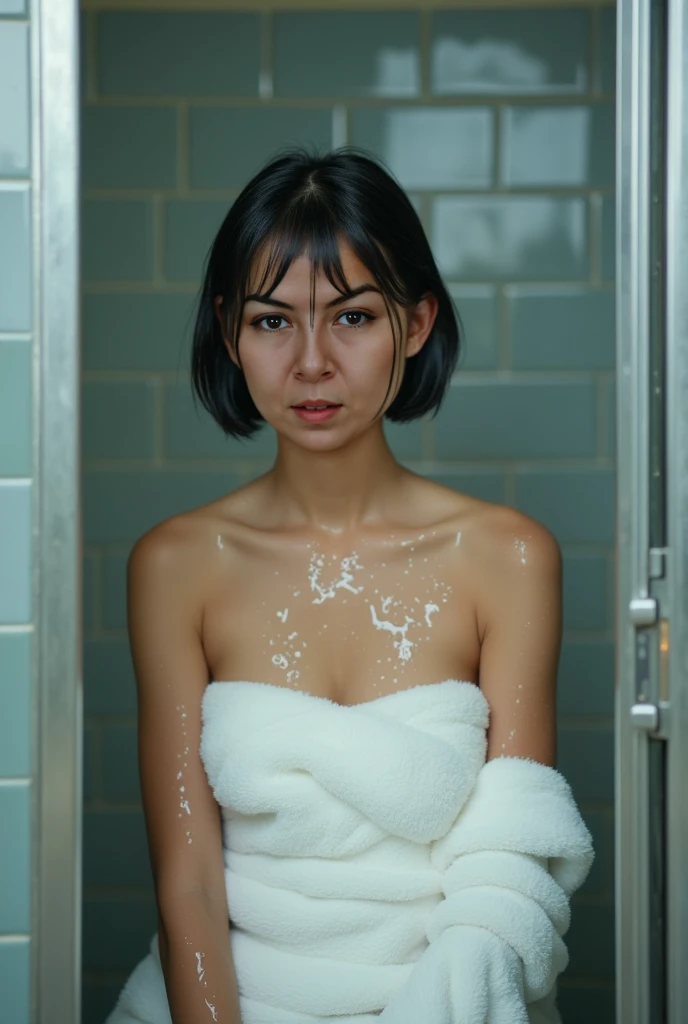 Realistic Photo Indonesia teenage girl From the school bathroom Showering Wear a Bath Towel All his body is wet from the shower water Closing the door of the School bathroom. Shorthaircut 