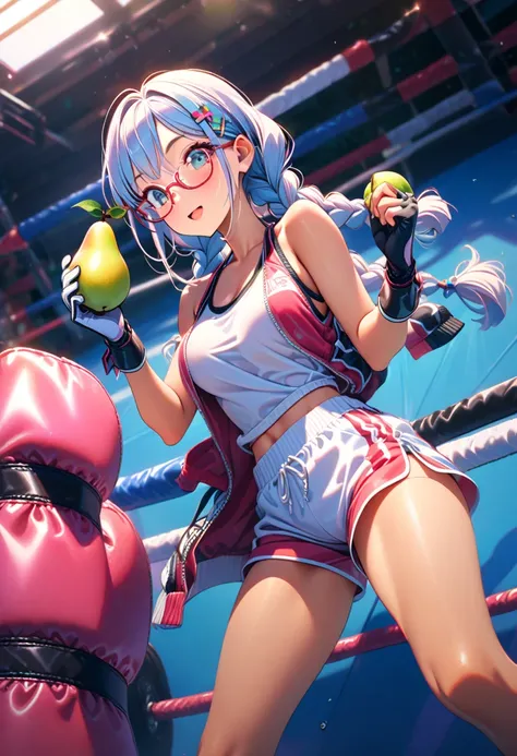  girl , bang, Braids, glasses, barrette , Pear in hand , shorts, mother, crosses,  sexy, gloves,  Von Boxing Gym, summer, bright colors,  best quality ,  Complex details , 8 k,  Maximum details ,