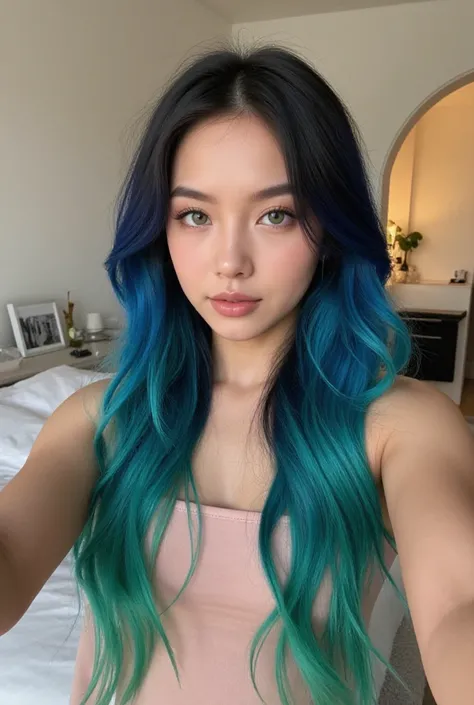 
a woman italian , eyes green , blue and green hair , long hair , influencer , instagram selfie in her room