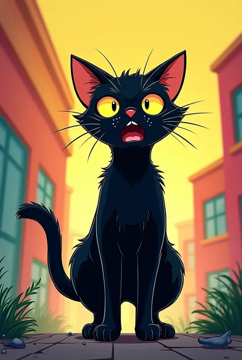 Dans un style manga cartoon, un chat noir est surpris.
