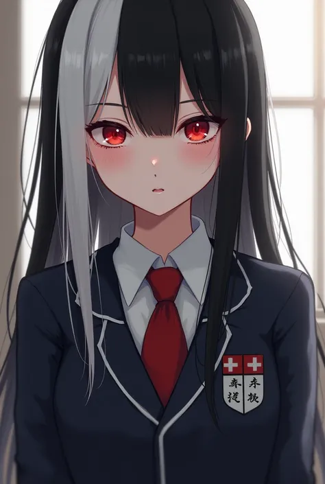 female, tanned, , black and white hair, Red Eyes, Japanese girl uniform, schoolgirl
