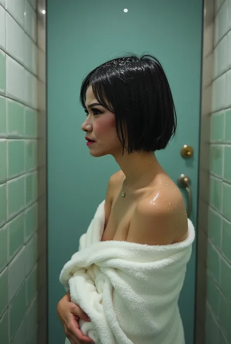 Realistic Photo Indonesia teenage girl From the school bathroom Showering Wear a Bath Towel All his body is wet from the shower water Closing the door of the School bathroom. Shorthaircut 