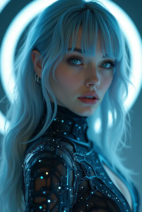  A woman with a futuristic and elegant appearance ,  long, shiny hair in shades of blue and silver ,  luminous eyes that seem to contain galaxies ,  wearing a modern outfit made of stylized circuits that emit a faint glow.  Her presence transmits wisdom , ...