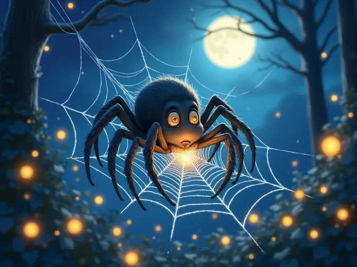 cartoon style: A friendly spider (Spinny) tired and sleep weaving her intricate web. The web sparkles like silver threads, illuminated by the soft glow of the moon and nearby fireflies.