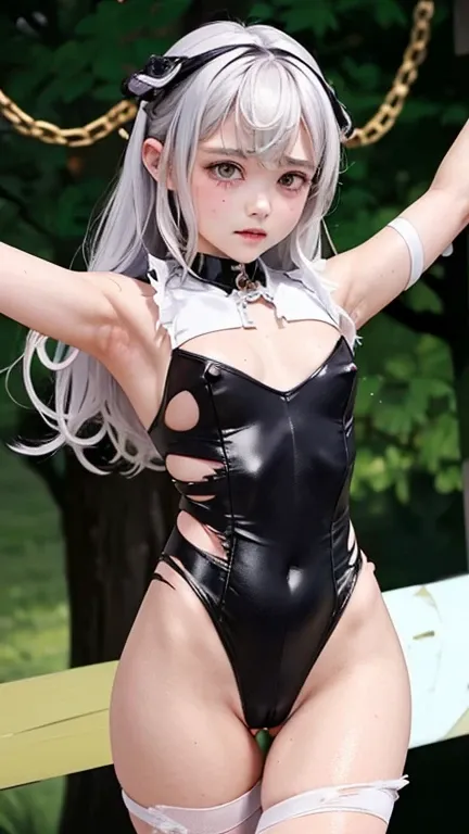 （（ High Quality 、masterpiece、  Details、Normal body、５This finger、Accurate、delicate））、 Magical Girl （（nsfw:1.6,  Silver Hair、 colored leotard armor with white as base color、 super high leg ( No Crotch :1.4)、  iron collar 、 (Nipples exposed from torn leotard ...