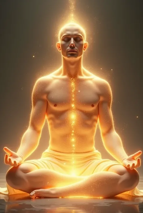 Irradiant glorious skin man, Total body in light, tunica, yoga position