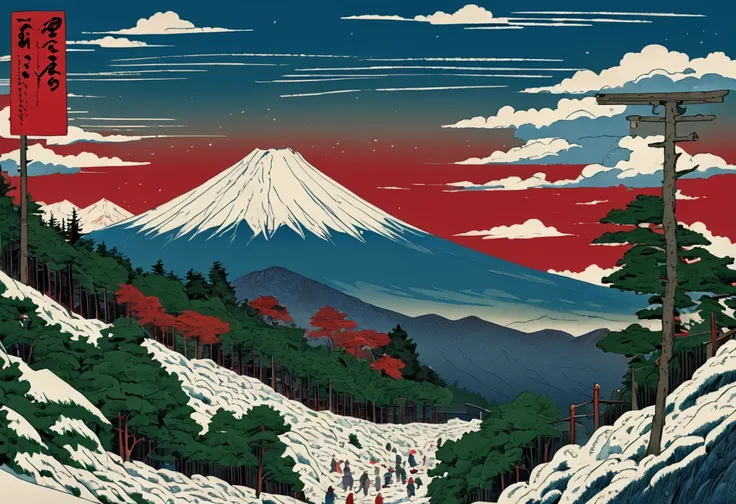  top quality、masterpiece、The ultimate precision、 Japanese Ukiyo-e 、 Edo period atmosphere 、 Katsushika Kitasai 、 Tomake Thirty-Six Scenes、Kaifeng clear weather、Reproduce、 blue sky、 White Clouds 、Linear clouds、Red Mt. Fuji on the right 、 Little snow at the ...