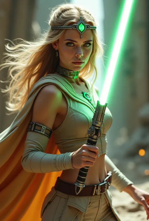 Star Wars 3D girl with blond hair green eyes wears a forehead crown with green crystal she holds a laiser sword in her hand and wears a cape