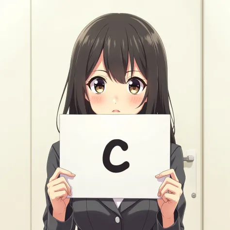 Girl with a serious face holding a board, letters on the board "Ｃ",anime