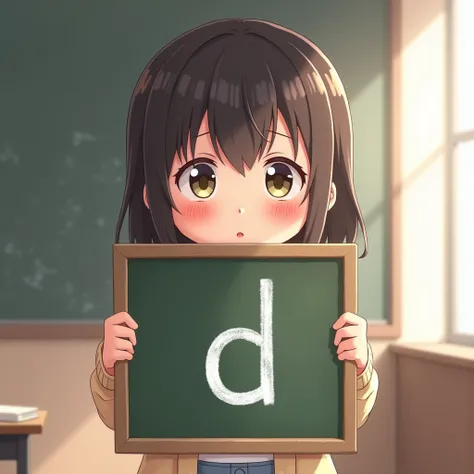 Girl with an embarrassed face holding a board, letters on the board "Ｄ",anime