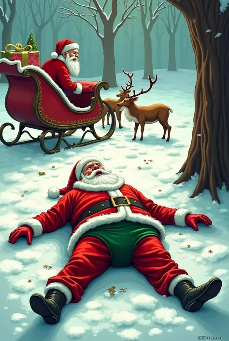 Santa crashed his sleigh into a tree .  The reindeer are lying injured and the drunk Santa is lying face down in the snow and his pants have fallen off and his bare ass can be seen on which he has green panties 