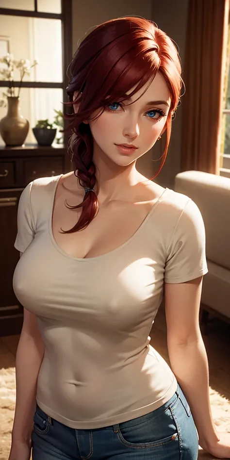 A realistic portrait of an adult housewife in her late 30s or early 40s, standing casually at home. She wears a simple, slightly loose T-shirt that subtly shows a hint of cleavage. Her figure is natural, and slightly soft, showcasing a mature and relatable...