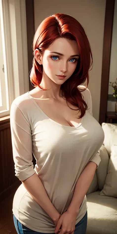 A realistic portrait of an adult housewife in her late 30s or early 40s, standing casually at home. She wears a simple, slightly loose T-shirt that subtly shows a hint of cleavage. Her figure is natural, and slightly soft, showcasing a mature and relatable...