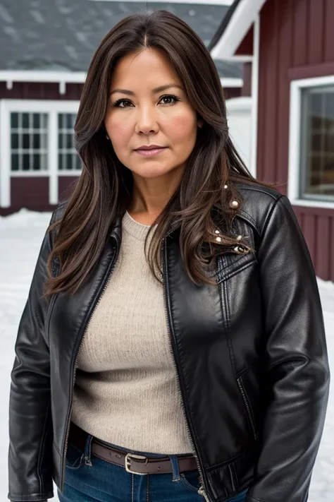 Medium view, of young aged, 40 year old, girl, gilf, milf, face portrait, yupik features, chubby, long hair, brown hair, black silk leather jacket over jumper, in Small town alaska,