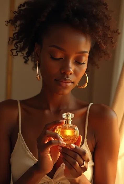 A beautiful african  woman  spraying perfume