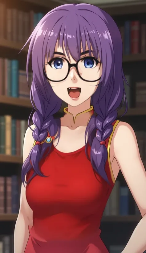 Kohran Li from Sakura Wars is a young woman with light freckles and purple hair that is usually braided into two pigtails. She wears large round glasses. She has brown eyes. wears a red cheongsam dress, anime style. library setting