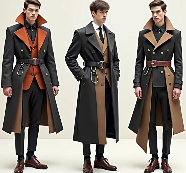  Create completely new mens looks for autumn outerwear ,  inspired by the equestrian saddle theme .  Include unusual ,  elements such as saddle cushions , belts, buckles,  stirrups and metal rings ,  distributing them abstractly on a coat .  theme Use asym...