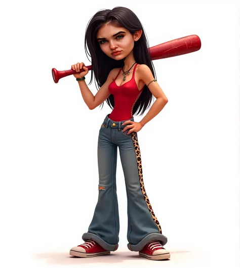  Pixar style on a white background,  hooligan girl in a red bodysuit on her legs low-rise wide jeans ,  leopard-colored strings stretched high ,   dark hair straight long ,  nose and eyebrow piercings , I have sneakers on my feet,  stands looking at the vi...