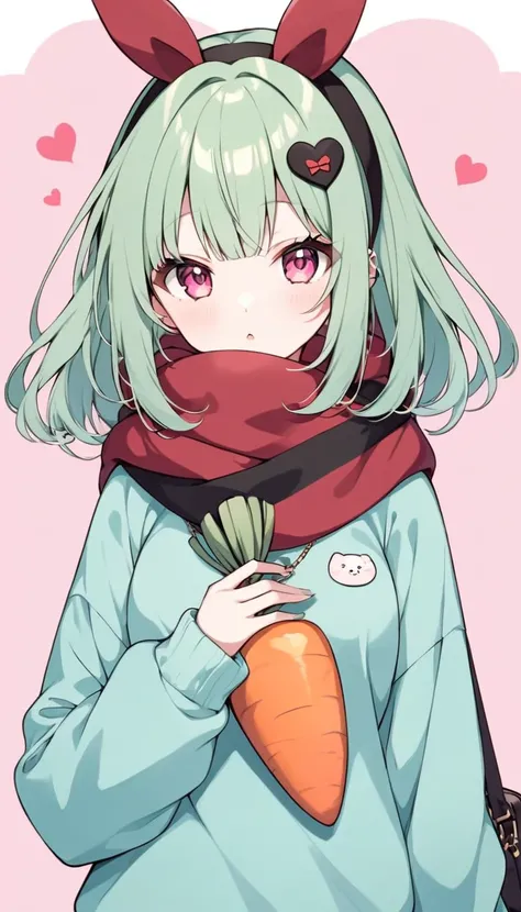 beautiful anime girl, light green hair, heart-shaped bangs, pink eyes, red scarf with black stripes, carrot head accessories, light blue sweatshirt, detailed, kawaii, adorable,