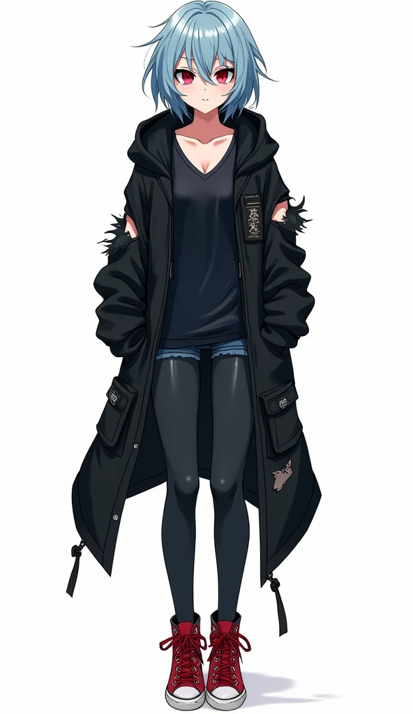 Teenage anime woman has messy light blue medium length hair and large and expressive reddish color and demon smile and with a black hood attached to a long torn black coat and dark V-neck t-shirt with dark-colored tight pants and red sneakers that stand ou...