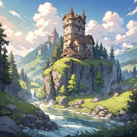 landscape. old, a dilapidated tower towers above the forest by the river against the background of mountains.