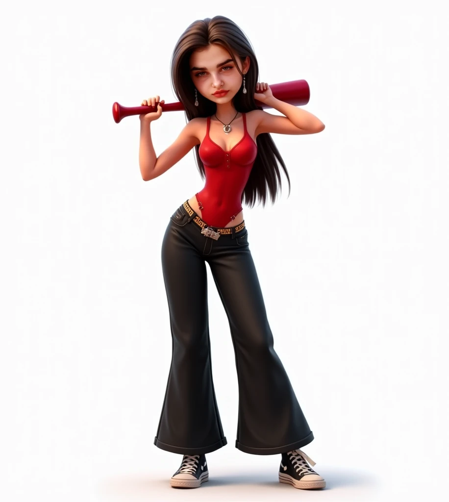  Pixar style on a white background,  hooligan girl in a red bodysuit on her legs wide black pants with a low waist below the hips,  leopard-colored thong panties stretched high above the hips ,   dark brown hair straight long ,  nose and eyebrow piercings ...