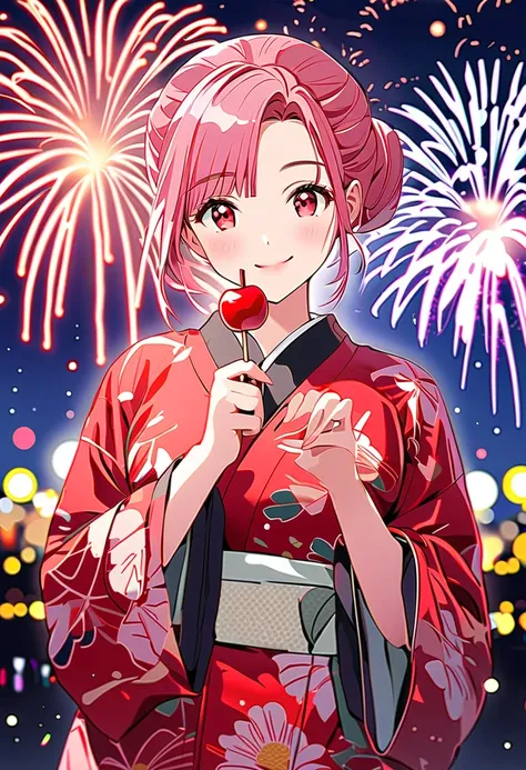 {worst quality, low-quality}, A cute girl with pink hair, beautiful red eyes, Bun hair in the lower position, the best smile, wearing a yukata with a camellia pattern printed on a white background, holding a candy apple in her hand, perfect hands, Firework...