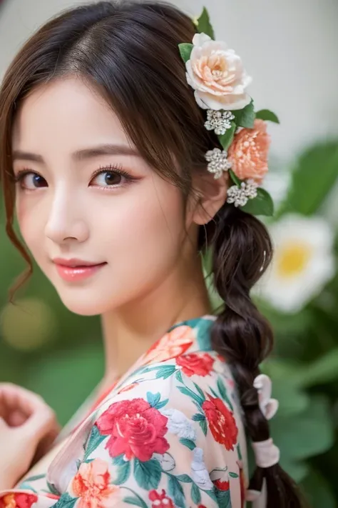 ((Best quality, 8k, Masterpiece :1.3)), 1girl, Pretty woman with slender abs :1.3, (random hairstyles, Huge breasts :1.2), Indoor, Ultra-detailed face, Detailed eyes, Double eyelid, up hair, hair ornament, kimono, floral print