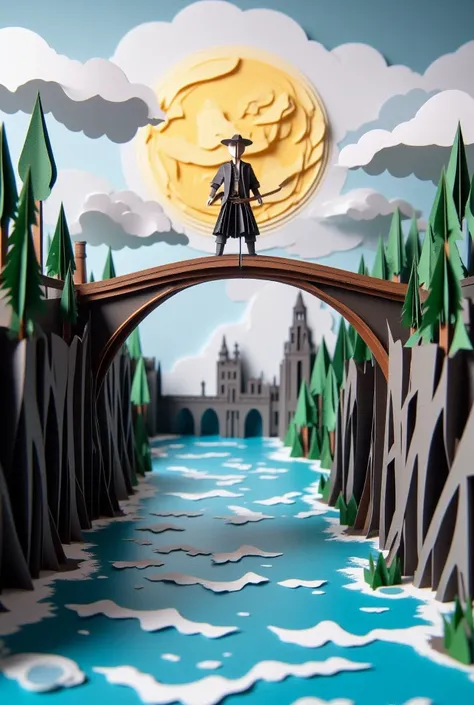 Origami scene of a man standing at the edge of a bridge over a river, capturing Javerts internal conflict and ultimate demise.
