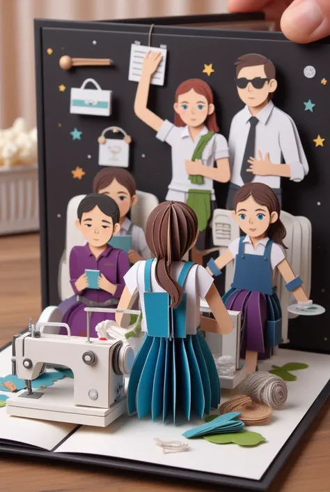 Origami portrayal of women hunched over sewing machines under oppressive oversight, highlighting labor exploitation.
