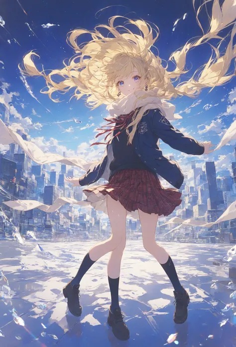 Masterpiece, high quality, high resolution, 16K, Makoto Shinkai illustration, detailed background, hyper reality, young woman, flashy blonde hair with loose waves, long hair, earrings, fair skin, long eyelashes, pretty eyes, smile, high-high socks, school ...