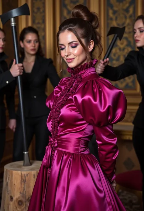 (realistic photograph close up sideways NSFW), (a pleased beautiful European orgasm lady with (messy hair bun), she is wearing (an elaborate big shiny fuchsia silk gown with (long gigantic puff sleeves), (and an ultra high narrow stand-up collar with a gig...