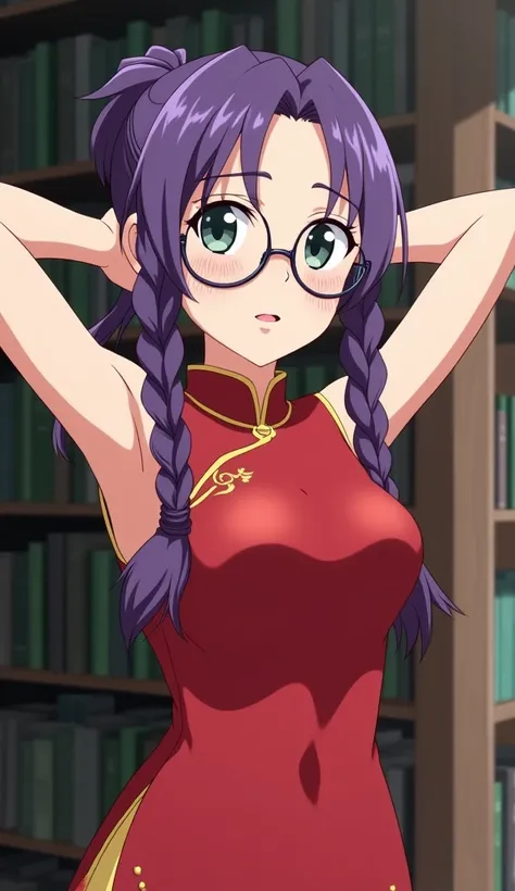 Kohran Li from Sakura Wars is a young woman with light freckles and purple hair that is usually braided into two pigtails. She wears large round glasses. smug look on her face.  hands behind her head. wears a red cheongsam dress, anime style. library setti...