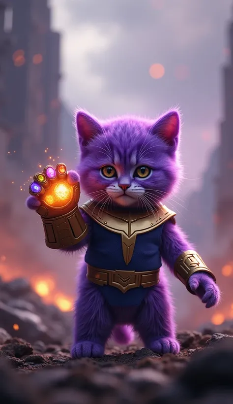 realistic photo of a Thanos Kitten with a purple coat : On an intergalactic battlefield ,  a kitten dressed as the villain Thanos wears the Infinity Gauntlet containing the infinity jewels.